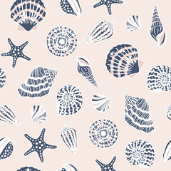 Sea shells, fossils and mollusks seamless pattern. Summer beach hand-drawn seaside vector print. Fashion textile bright multicolored illustration. Seashore elements design for fabrics, wallpaper