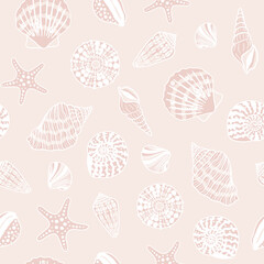 Sea shells, fossils and mollusks seamless pattern. Summer beach hand-drawn seaside vector print. Fashion textile bright multicolored illustration. Seashore elements design for fabrics, wallpaper