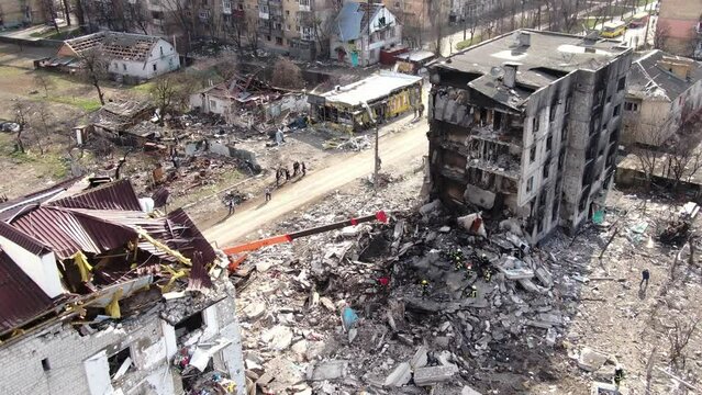 Rescue work in a destroyed house. The war in Ukraine. Bucha, Borodyanka, Gostomel, Irpin.