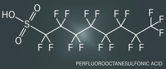 Perfluorooctanesulfonic acid or perfluorooctane sulfonate, PFOS, persistent organic pollutant molecule. Skeletal chemical formula.