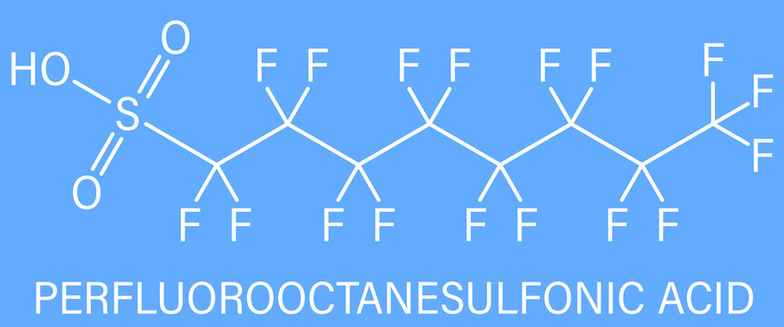 Perfluorooctanesulfonic acid or perfluorooctane sulfonate, PFOS, persistent organic pollutant molecule. Skeletal chemical formula.