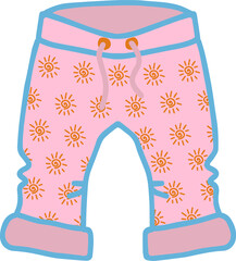 pink baby pants summer clothes with drawstring lacing at the waist and suns for newborn baby girl child isolated vector hand drawing with folds