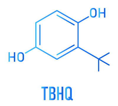 TBHQ or tert-Butylhydroquinone antioxidant preservative molecule. Skeletal chemical formula.