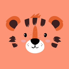 Portrait of a funny tiger in a flat style. Animal or wild cat face, social media profile photo design. Vector illustration on an isolated background.