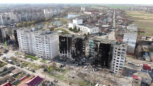 Destroyed housing of Ukrainians. The war in Ukraine. The cities of Bucha, Gostomel, Irpin, and Borodyanka were destroyed. Aerial view.