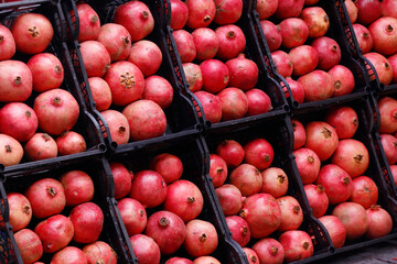 group of ripe pomegranates in boxes for sell in a stall