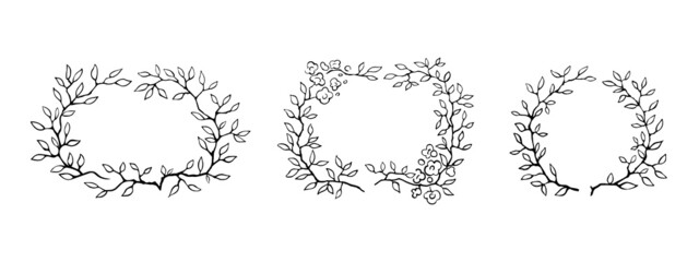 A set of frames made of branches and leaves with flowers for cards, labels and invitations. Creative beautiful frames for design. Isolated vector illustration on white background