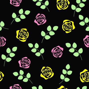 Seamless pattern pink and yellow roses, leaves on black background. Cute girls floral spring print, vector eps 10