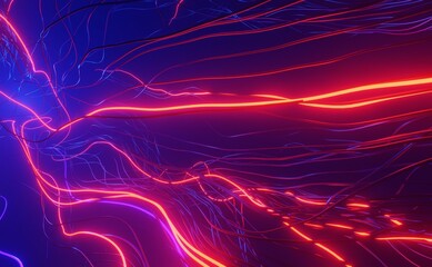 Abstract background using wave lines from right to left with a slightly blue and dominantly bright red line pattern which is a 3D rendering.