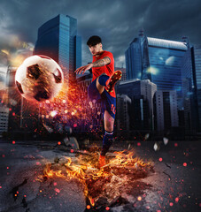 Powerful kick of a soccer player with fiery ball