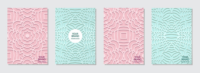 Cover design set, vertical templates. A collection of art deco embossed satin pink and turquoise backgrounds. Geometric ethnic 3d pattern of East, Asia, India, Mexico, Aztecs, Peru.