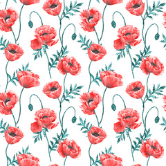Fototapeta premium Floral seamless background. Pattern with beautiful watercolor poppy flowers on white. Botanical hand drawn illustration. Texture for print, fabric, textile, wallpaper.