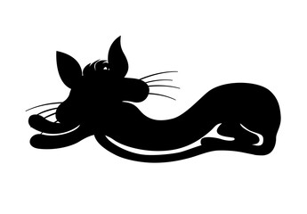 Black silhouette of a cat, she lies. Vector illustration isolated on white background