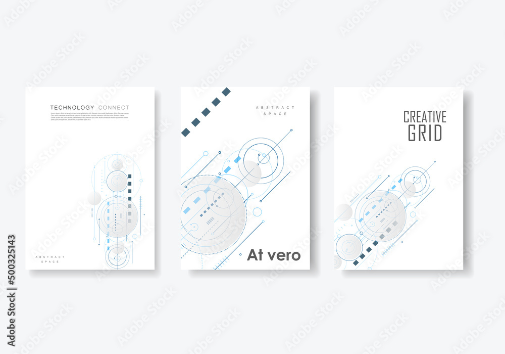 Poster Tech dynamic futuristic concept. Circles and lines and squares digital technology background. Vector concept structure elements