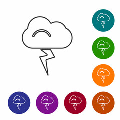 Black line Storm icon isolated on white background. Cloud and lightning sign. Weather icon of storm. Set icons in color circle buttons. Vector Illustration