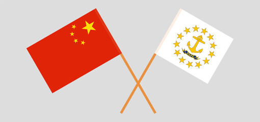 Crossed flags of China and the State of Rhode Island. Official colors. Correct proportion