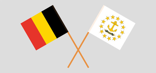 Crossed flags of Belgium and the State of Rhode Island. Official colors. Correct proportion