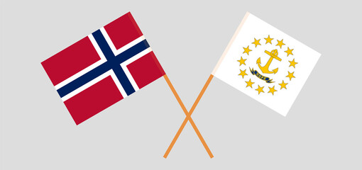 Crossed flags of Norway and the State of Rhode Island. Official colors. Correct proportion