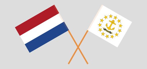 Crossed flags of the Netherlands and the State of Rhode Island. Official colors. Correct proportion