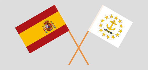 Crossed flags of Spain and the State of Rhode Island. Official colors. Correct proportion