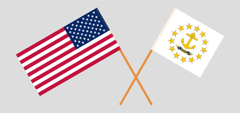 Crossed flags of the USA and the State of Rhode Island. Official colors. Correct proportion