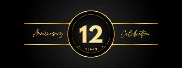 12 years anniversary golden color with circle ring isolated on black background for anniversary celebration event, birthday party, brochure, web, greeting card. 12 Year Anniversary Template Design