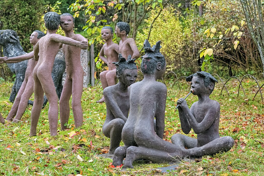 Parikkala, Finland. Sculptures by artist Veijo Ronkkonen in his sculpture park (Parikkalan patsaspuisto). The park contains about 560 concrete statues and a magnificent garden.