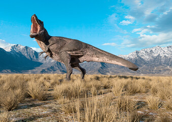 tyrannosaurus rex is looking for foof in plains and mountains