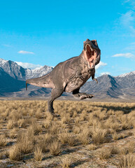tyrannosaurus rex is running in plains and mountains