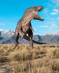 Obraz na płótnie Canvas tyrannosaurus rex is angy in plains and mountains
