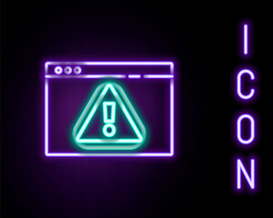 Glowing neon line Browser with exclamation mark icon isolated on black background. Alert message smartphone notification. Colorful outline concept. Vector