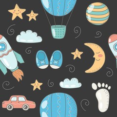 Baby shower seamless pattern for boys. Flat design. Isolated on dark background