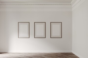 Fototapeta na wymiar Interior 3d render of minimalistic white gallery room with painting composition, wooden parquet, mockup frames, art exhibition