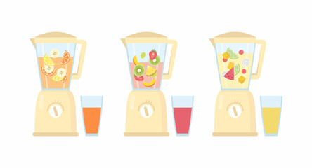Electric blenders with different types of smoothies. Fruit smoothies. Vector illustration in cartoon style