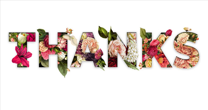 Beautiful Thanks in colorful text with floral ornament on letters, on White Background. Suitable for celebrations, wishes, events, messages, holidays, festivals, banners, covers, and poster