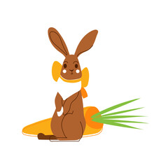 Cute rabbit with bow and carrot isolated on white background. Animal cartoon character vector illustration