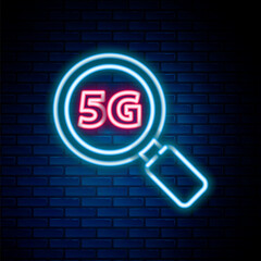 Glowing neon line Search 5G new wireless internet wifi connection icon isolated on brick wall background. Global network high speed connection data rate technology. Colorful outline concept. Vector