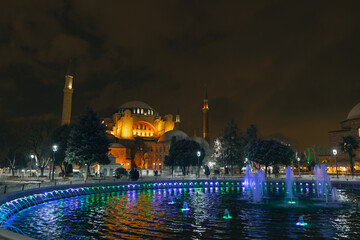 Hagia Sophia or Ayasofya at night in winter.