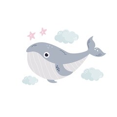 Hand drawn childish illustration with blue whale and sea shapes in soft colors for nursery, cloth prints, decorations