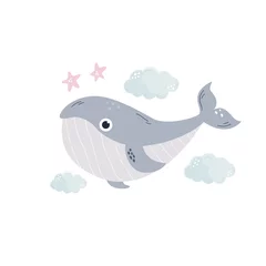 Photo sur Plexiglas Baleine Illustration enfantine dessinée à la main avec des formes de baleine bleue et de mer dans des couleurs douces pour la pépinière, les impressions sur tissu, les décorations
