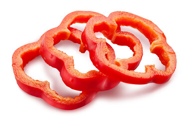 Three sliced sweet red bell pepper rings isolated on white background.