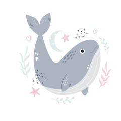 Hand drawn childish illustration with blue whale and sea shapes in soft colors for nursery, cloth prints, decorations