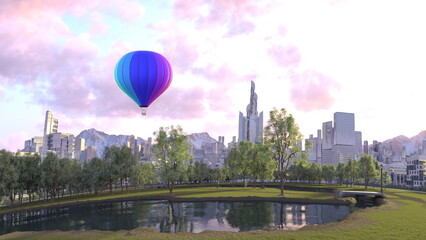 モダンな高層ビルと熱気球