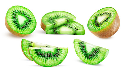 Fototapeta premium Set of ripe sliced bright kiwi fruit isolated on white background.