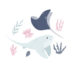 Hand drawn childish illustration of cute stingrays in soft colors for nursery, cloth prints, decorations