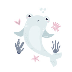 Hand drawn childish illustration with adorable shark in soft colors for nursery, cloth prints, decorations