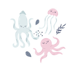 Hand drawn childish illustration with funny squid, octopus and jellyfish in soft colors for nursery, cloth prints, decorations