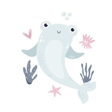 Hand drawn childish illustration with adorable shark in soft colors for nursery, cloth prints, decorations