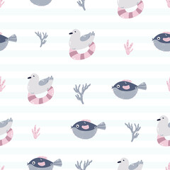 Seamless childish pattern with cute animals for nursery, baby shower, textile
