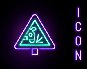 Glowing neon line Warning road sign throwing stone materials icon isolated on black background. Traffic rules and safe driving. Colorful outline concept. Vector